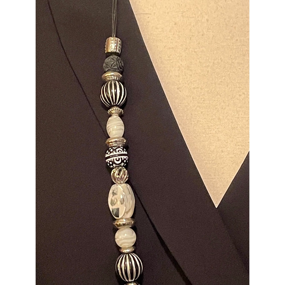 Chicos Black White Silver Beaded Statement Necklace 22 Inch Long Cord Eclectic - Picture 6 of 11